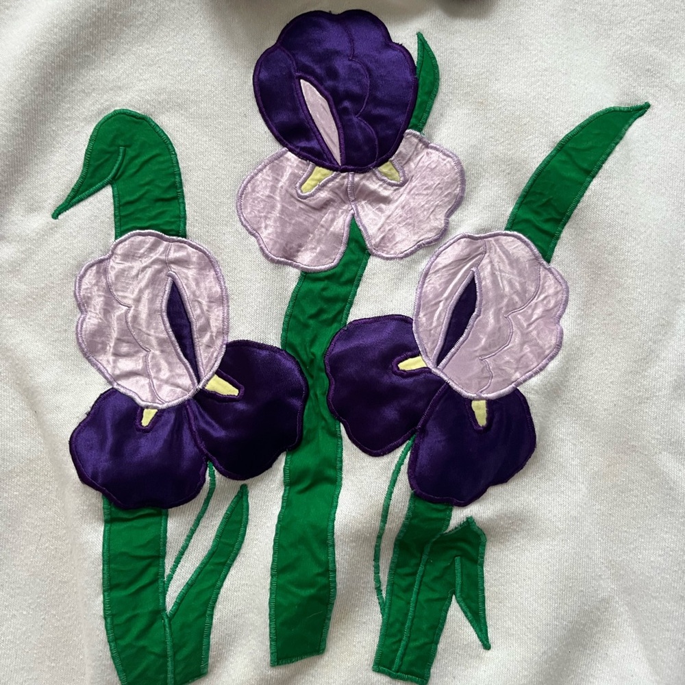 VTG Jerzees White and Purple Floral Iris Collared Pullover Sweatshirt Women’s XL - Picture 2 of 8